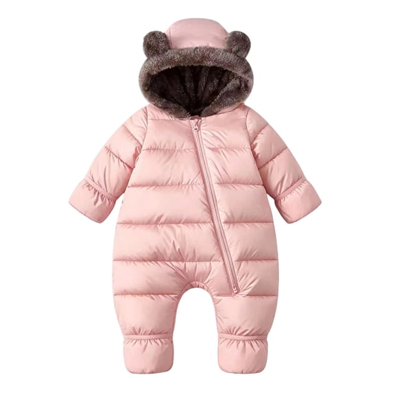 Faraee Infant Horizontal Quilted Footed Snowsuit Unisex Bear Ear Hooded Thick Fleece Lined Zip Up One Piece Winter Jumpsuit Warm Romper for Newborn Boys Girls Outdoor Cold Wear