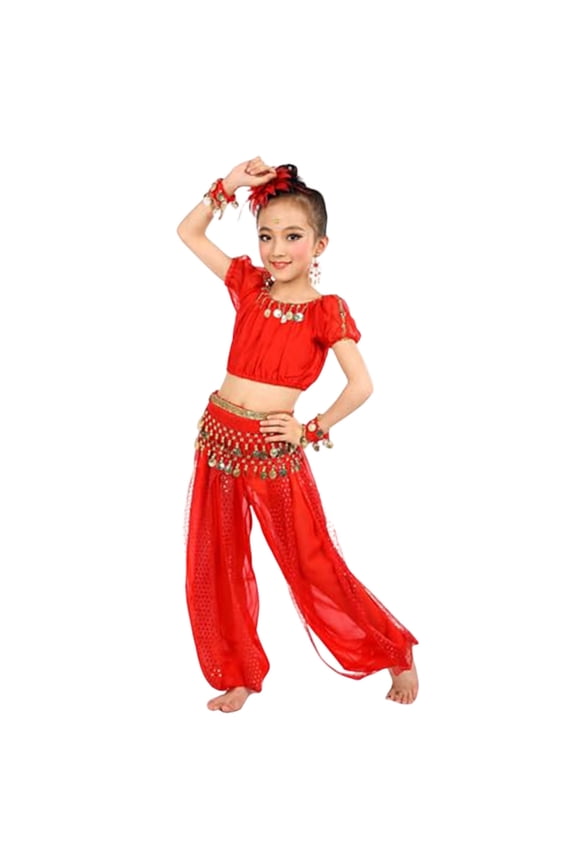 Kids Arabian Belly Dance Costume Set Puff Sleeve Crop Top and Flowy Chiffon Harem Pants Outfits for Stage Performances (7-9T,Red)
