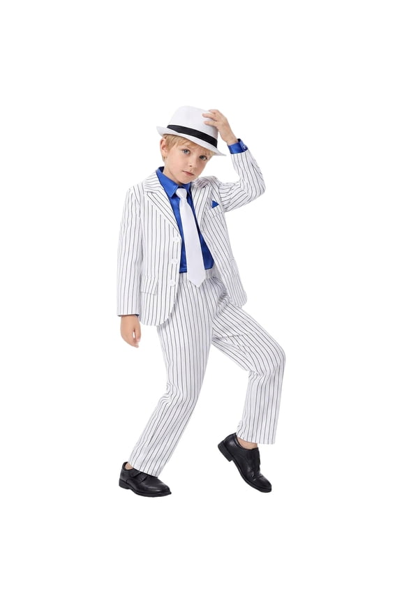 Kids Dance Star Costume Boys 80s 90s Pop Star Stage Outfits Retro Singer Performance Stripes Party Dress Up 6-13Y White