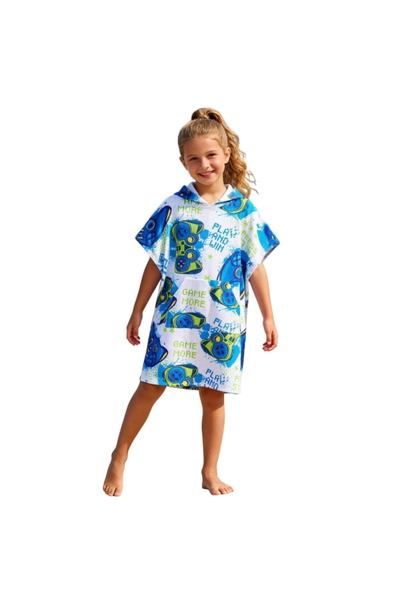 Kids Hooded Poncho Towels Wearable Absorbent Surf Changing Robe for Girls Boys Cartoon Print Summer Beach Swim Bathrobe (7-13T,Light Blue)