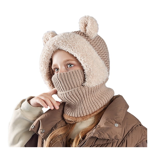 Faraee Kids Winter Hat Scarf Boys Girls 3 In 1 Beanie Cap with Cute Bear Pom Warm Neck Warmer Fleece Lined Set