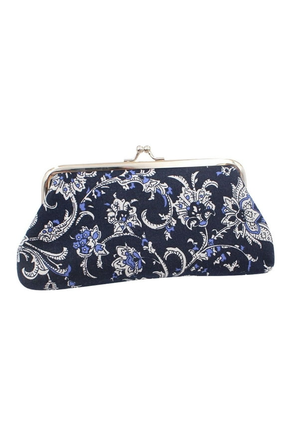 Large Floral Coin Purses Canvas Cash Wallet Make up Bag Vintage Kiss Lock Clutch Change Pouch Blue