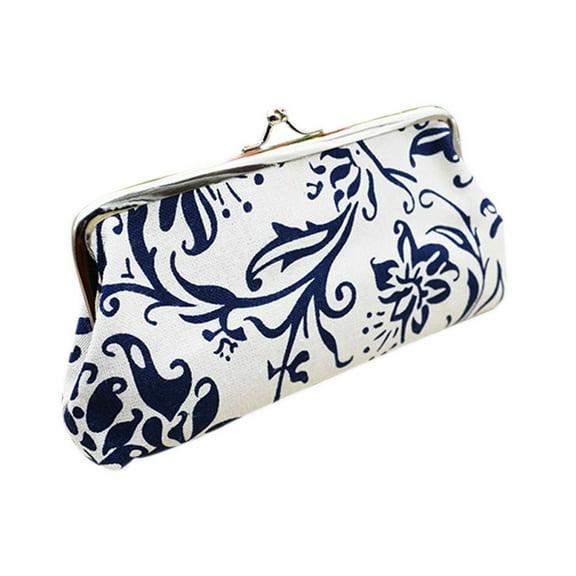 Faraee Large Floral Coin Purses Canvas Cash Wallet Make up Bag Vintage Kiss Lock Clutch Change Pouch White