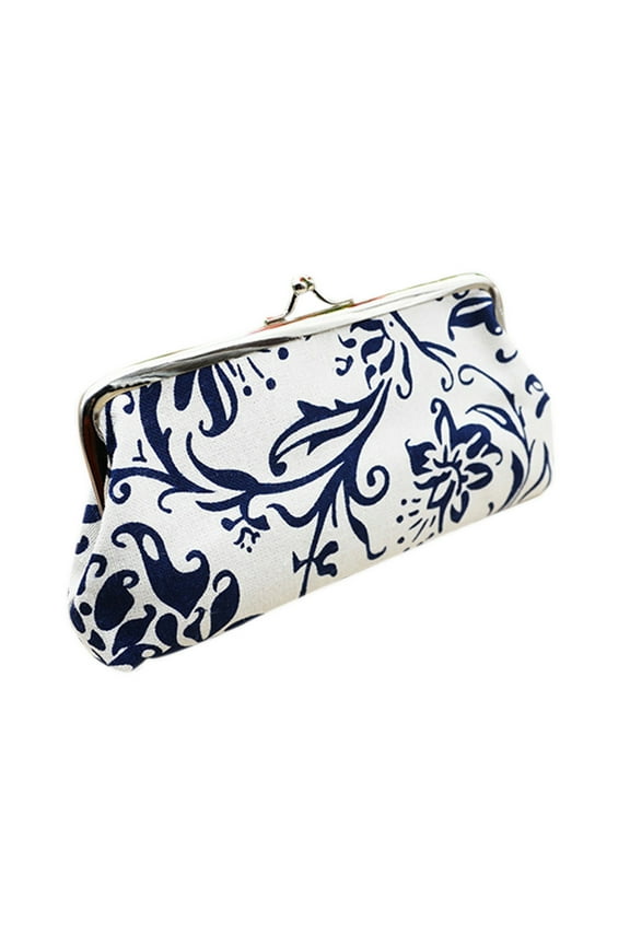 Large Floral Coin Purses Canvas Cash Wallet Make up Bag Vintage Kiss Lock Clutch Change Pouch White
