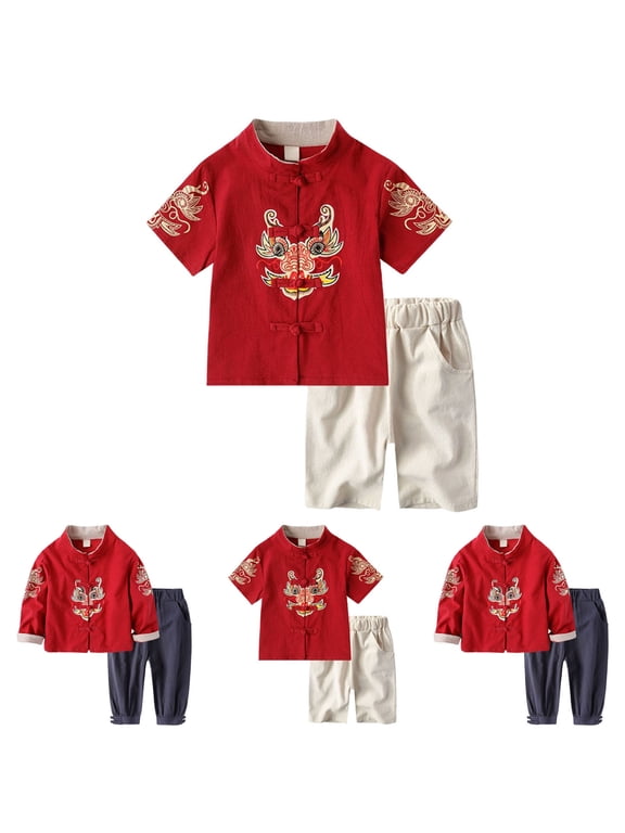 Little Boys Tang Suit Set Dragon Embroidered Cotton Linen Top and Pants Chinese Kung Fu Toddler 2 Piece Outfit (6-12 M,Red)