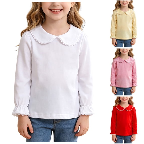 Faraee Little Girls Cotton Shirt 3 6 12 Months Long Sleeve Lace Collar Toddler School Basic Tops 2T 3T 4T 5T 6T Solid Color Ruffle Cuff Blouse,Pink
