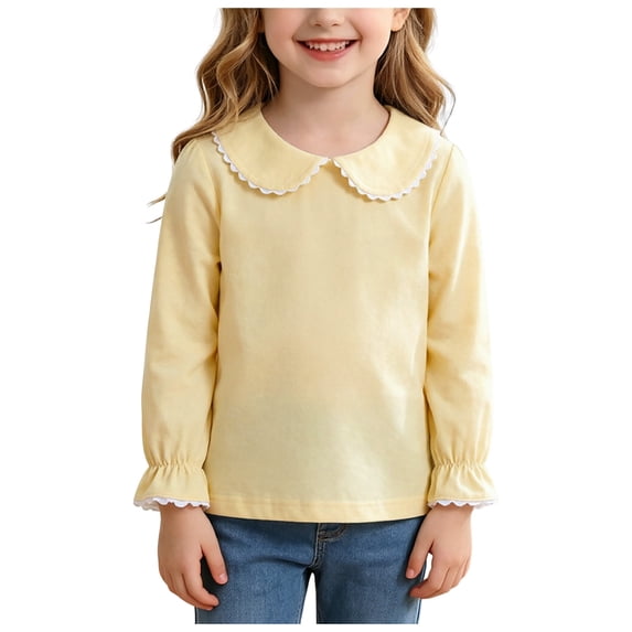 Faraee Little Girls Cotton Shirt 3 6 12 Months Long Sleeve Lace Collar Toddler School Basic Tops 2T 3T 4T 5T 6T Solid Color Ruffle Cuff Blouse,Yellow