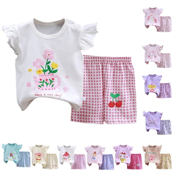 Faraee Little Girls Cute Cartoon Print 2-Piece Summer Outfit Ruffle Sleeve Tee & Shorts Set for Birthday Photoshoot Vacation Gift Dark Purple 4-5 Years
