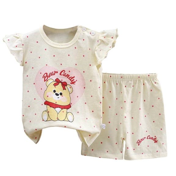 Faraee Little Girls Cute Cartoon Print 2-Piece Summer Outfit Ruffle Sleeve Tee & Shorts Set for Birthday Photoshoot Vacation Gift Light Yellow 9-18 Months