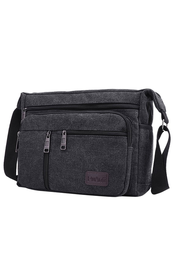 Mens Leather Canvas Laptop Bag Multi Pockets Messenger Crossbody Handbag Shoulder Tote Black