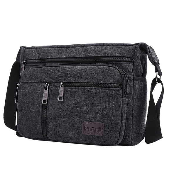 Faraee Mens Leather Canvas Laptop Bag Multi Pockets Messenger Crossbody Handbag Shoulder Tote Black