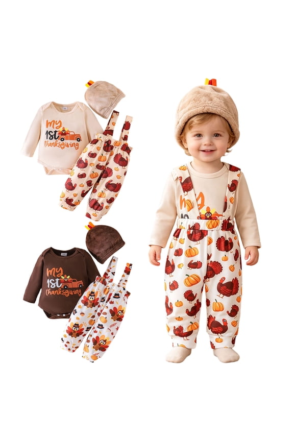 My 1st Thanksgiving Baby Boy Outfit Pumpkin Romper and Turkey Pants with Hat Infant Newborn Thanksgiving Clothing Sets Size 0-18 Months Beige