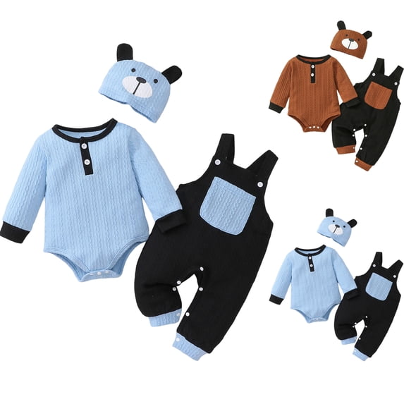 Faraee Newborn Baby Boy Clothes Fall Winter Outfit 0 3 6 9 12 18 Months Long Sleeve Textured Romper Pocket Suspender Pants Dog Hat 3 Piece Set,Brown