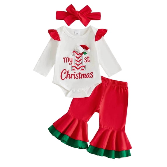 Faraee Newborn Baby Girl My 1st Christmas Outfit Ruffle Long Sleeve Romper Plaid Print Flare Pants Headband 3Pcs Xmas Clothes Set 0 3 6 9 12 18 Months,White