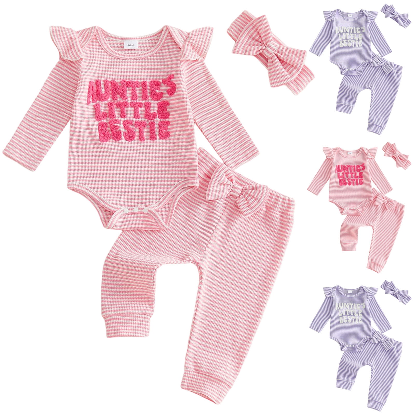 Faraee Newborn Baby Girl Clothes Rib Knit Romper Long Pants Headband Baby Clothes Letter Embroidery Summer Infant 3Pcs Outfit Purple 6-12 Months