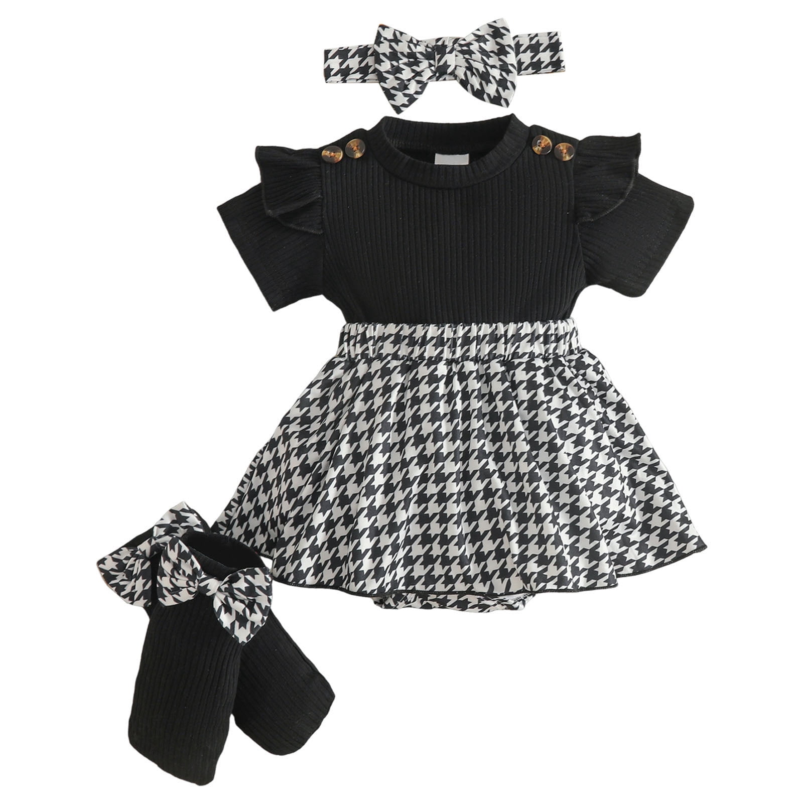Faraee Newborn Baby Girl Clothes Smocked Bubble Romper Dress Socks Headband Cute Summer Infant Girls 3 Piece Outfits (3-6 Months,Black)