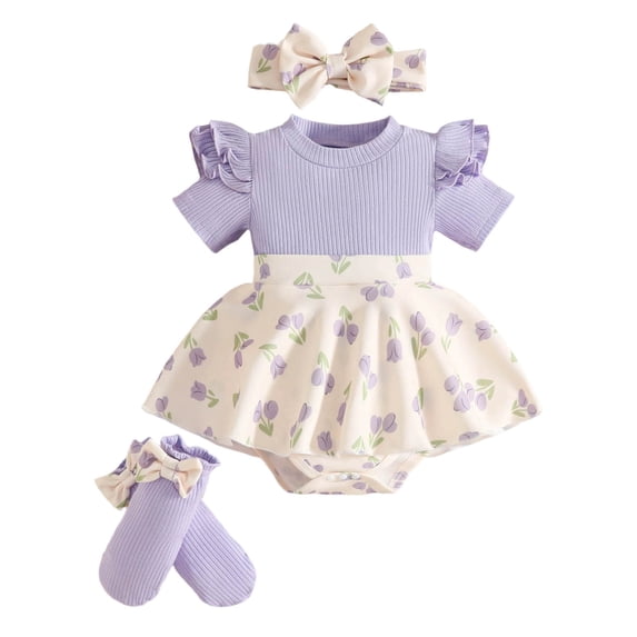 Faraee Newborn Baby Girl Clothes Smocked Bubble Romper Dress Socks Headband Cute Summer Infant Girls 3 Piece Outfits (6-9 Months,Purple)