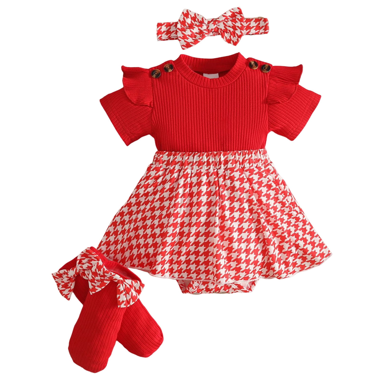 Faraee Newborn Baby Girl Clothes Smocked Bubble Romper Dress Socks Headband Cute Summer Infant Girls 3 Piece Outfits (6-9 Months,Red)