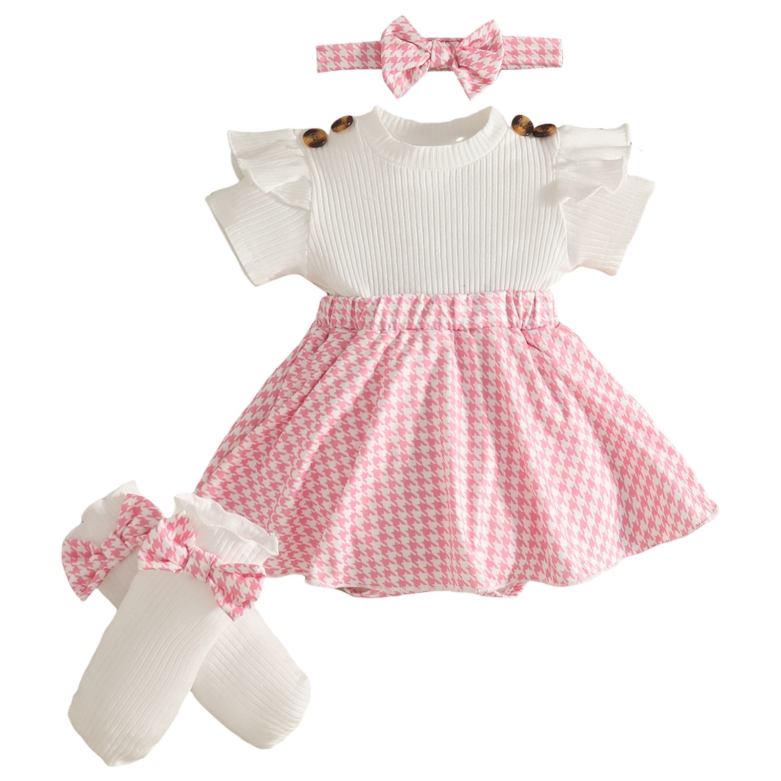 Faraee Newborn Baby Girl Clothes Smocked Bubble Romper Dress Socks Headband Cute Summer Infant Girls 3 Piece Outfits (9-12 Months,Pink)