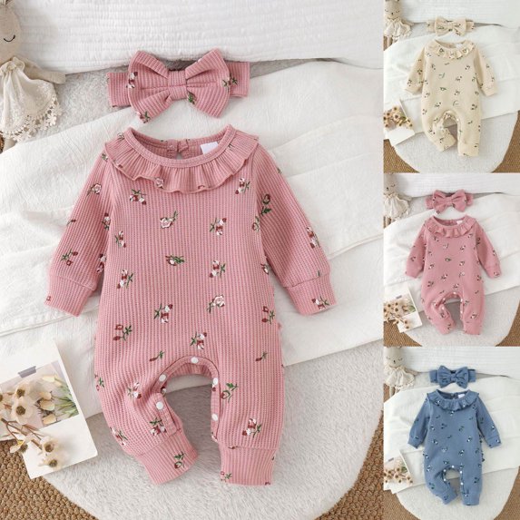 Faraee Newborn Baby Girl Floral Romper Set Waffle Knit Long Sleeve Ruffle Jumpsuit with Bow Headband 0 3 6 9 Months Infant Fall Winter Outfit