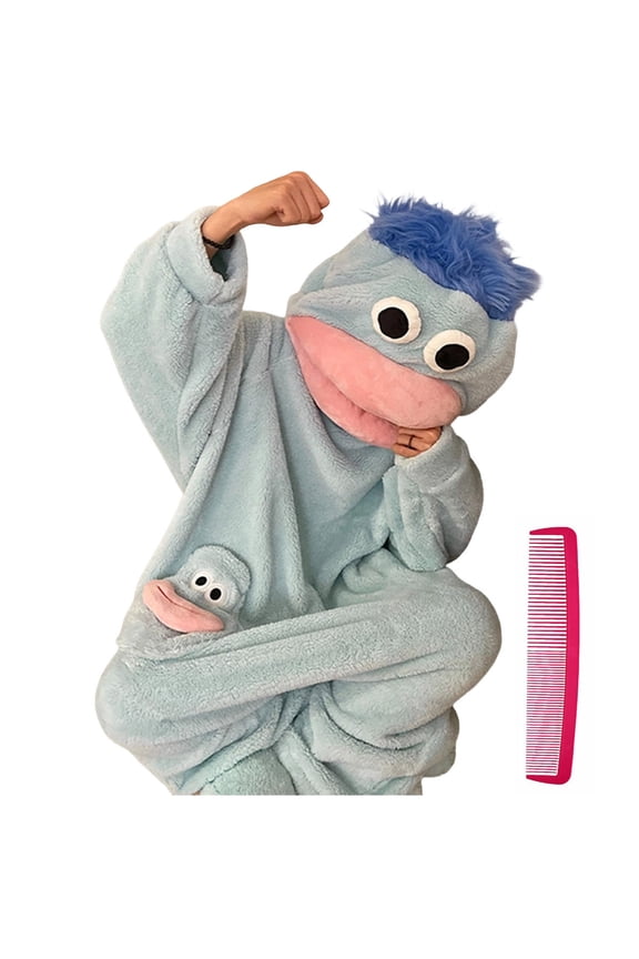 Silly Onesie with Comb Frog Pajamas for Adults Plush Fleece Hooded One Piece Dress up Womens Mens Funny Cozy Loungewear Blue M