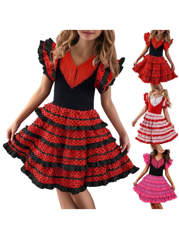 Spanish Flamenco Dress for Girl Ruffle Polka Dots Tassel Kids Dance Skirts Festival Knee Length Fancy Dress with Red Flower 1-13Y Black