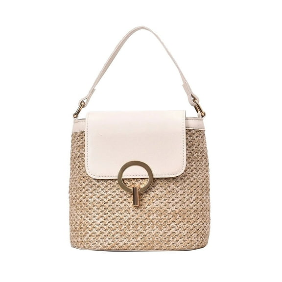 Faraee Straw Top Handle Satchel Handbag for Women Woven Handmade Bucket Crossbody Shoulder Purse White
