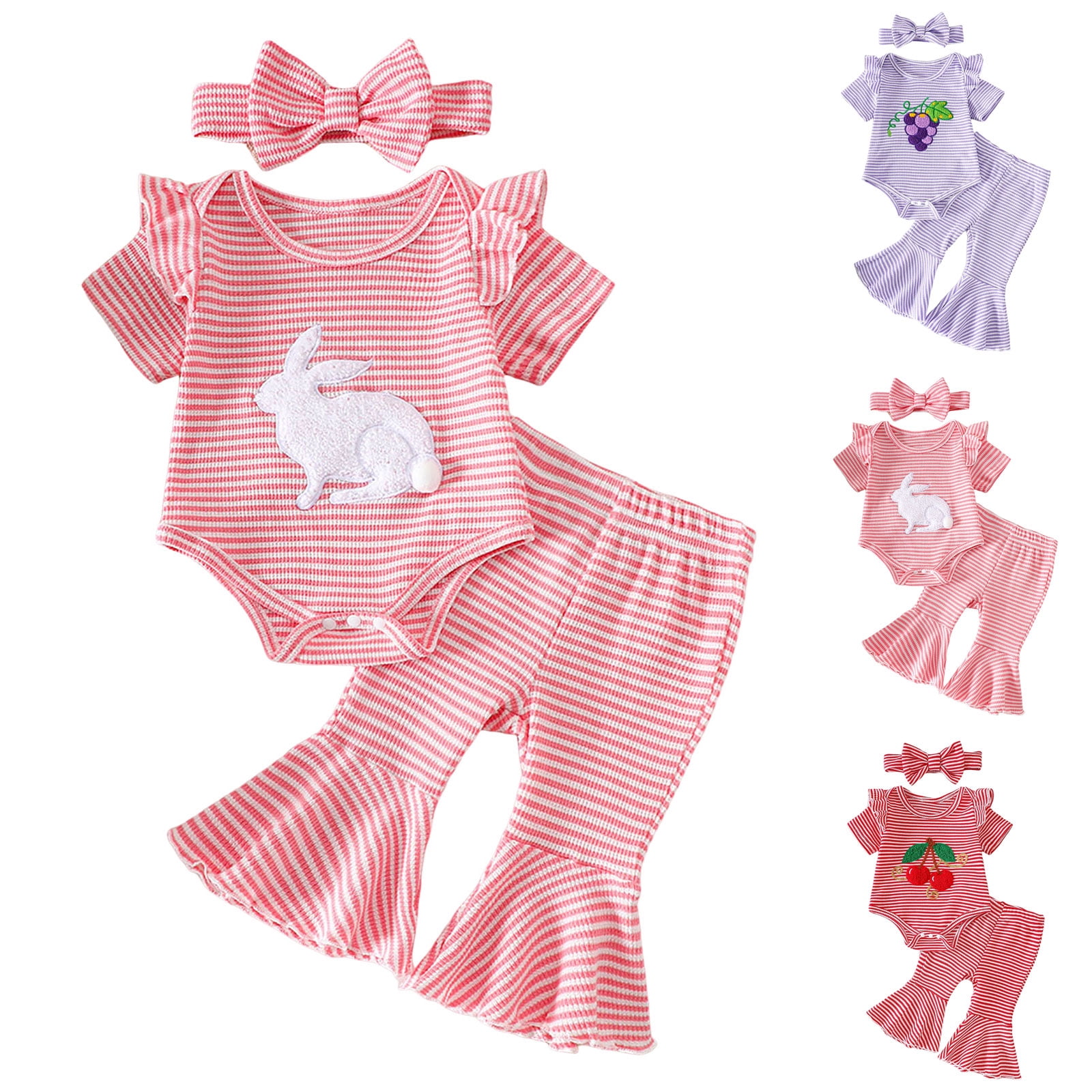 Faraee Summer Baby Girl Clothes Ruffle Short Sleeve Tops Romper Bell Bottom Flare Pants Set Infant Newborn Stripeds Cute Outfit 0 3 6 12 18 24 Months Pink