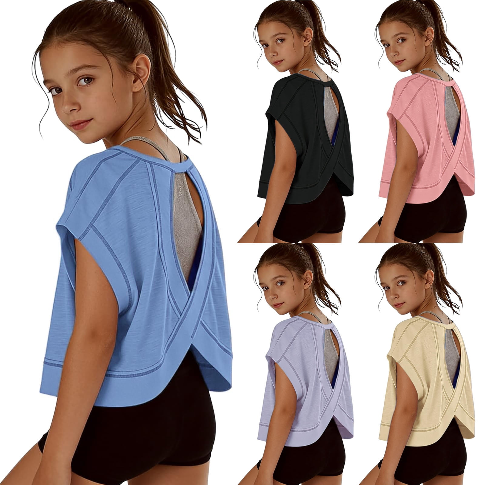 Faraee Teen Girls Open Back Shirts Backless Yoga Workout Summer Cute Tee Tops Short Sleeve Crop Oversized T Shirts Clothes 4t 5t 6t 7t 4-14 Years Beige