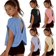 thumbnail image 1 of Faraee Teen Girls Open Back Shirts Backless Yoga Workout Summer Cute Tee Tops Short Sleeve Crop Oversized T Shirts Clothes 4t 5t 6t 7t 4-14 Years Beige, 1 of 8