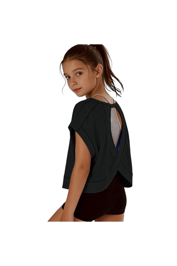 Teen Girls Open Back Shirts Backless Yoga Workout Summer Cute Tee Tops Short Sleeve Crop Oversized T Shirts Clothes 4t 5t 6t 7t 4-14 Years Black