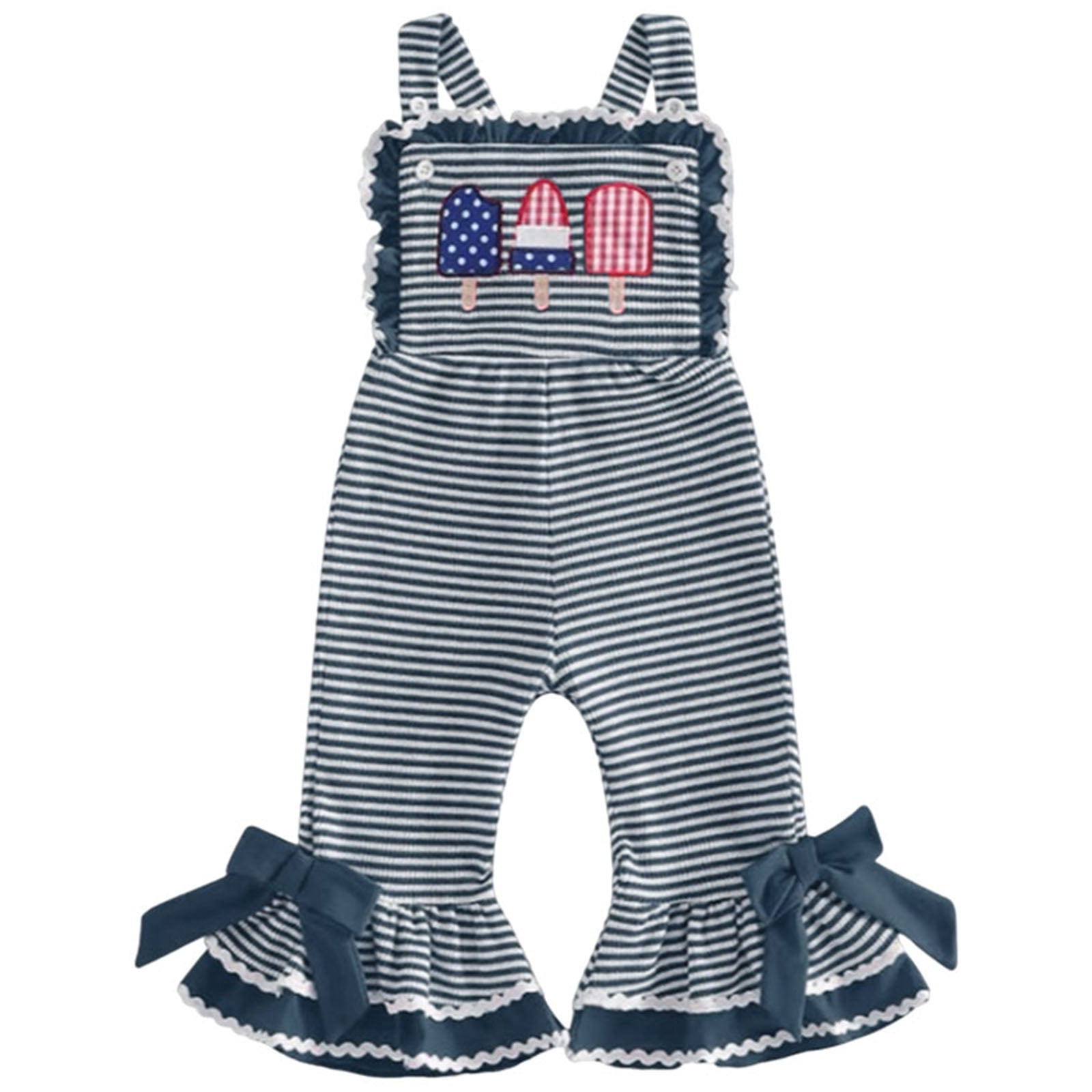 Faraee Toddler Baby 4th of July Girl Clothes Cute Sleeveless Romper Stripeds Spaghetti Strap Jumpsuit Summer Bell Bottom Outfit 6 12 18 24 Months 2T 3T 4T 5T Light Blue
