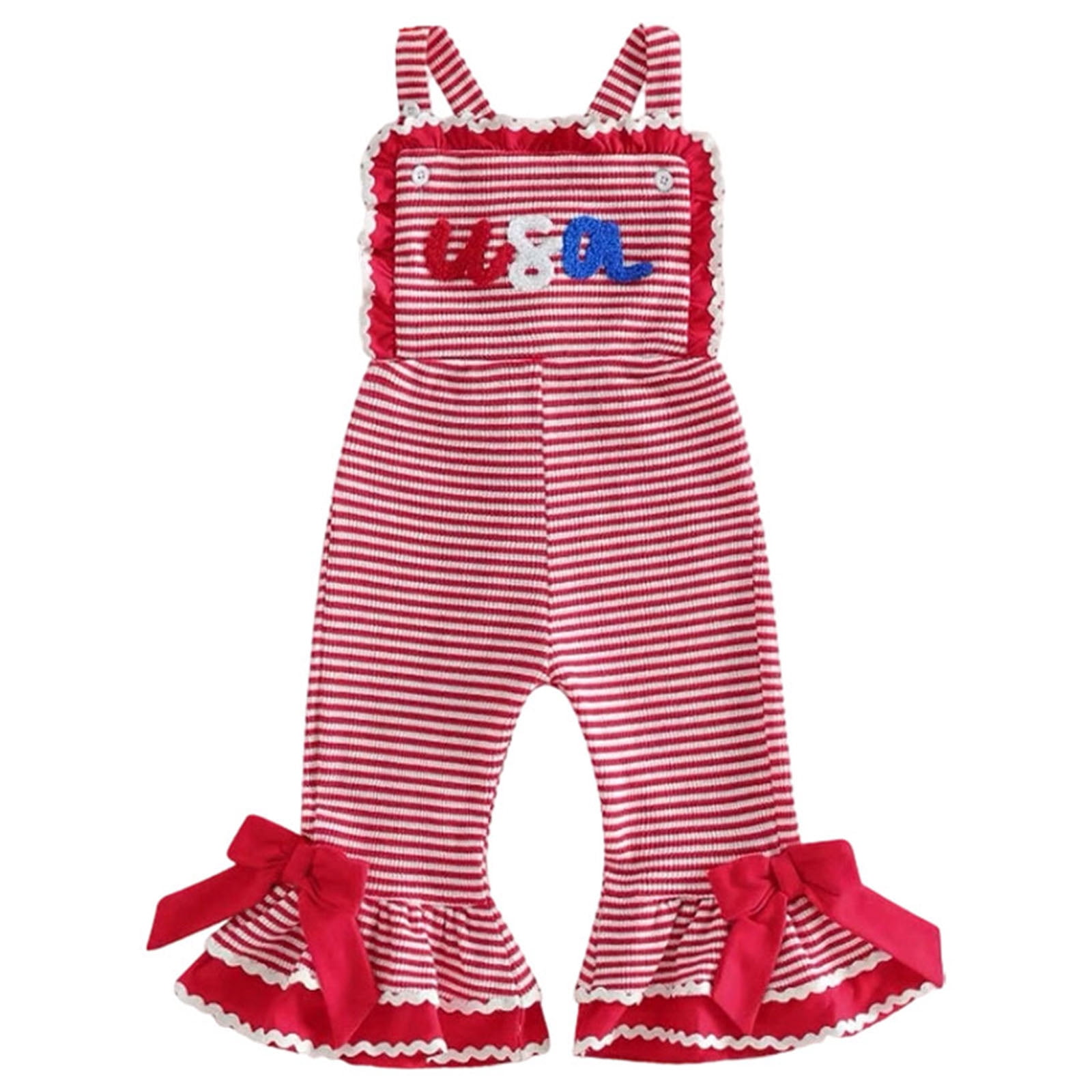 Faraee Toddler Baby 4th of July Girl Clothes Cute Sleeveless Romper Stripeds Spaghetti Strap Jumpsuit Summer Bell Bottom Outfit 6 12 18 24 Months 2T 3T 4T 5T Red