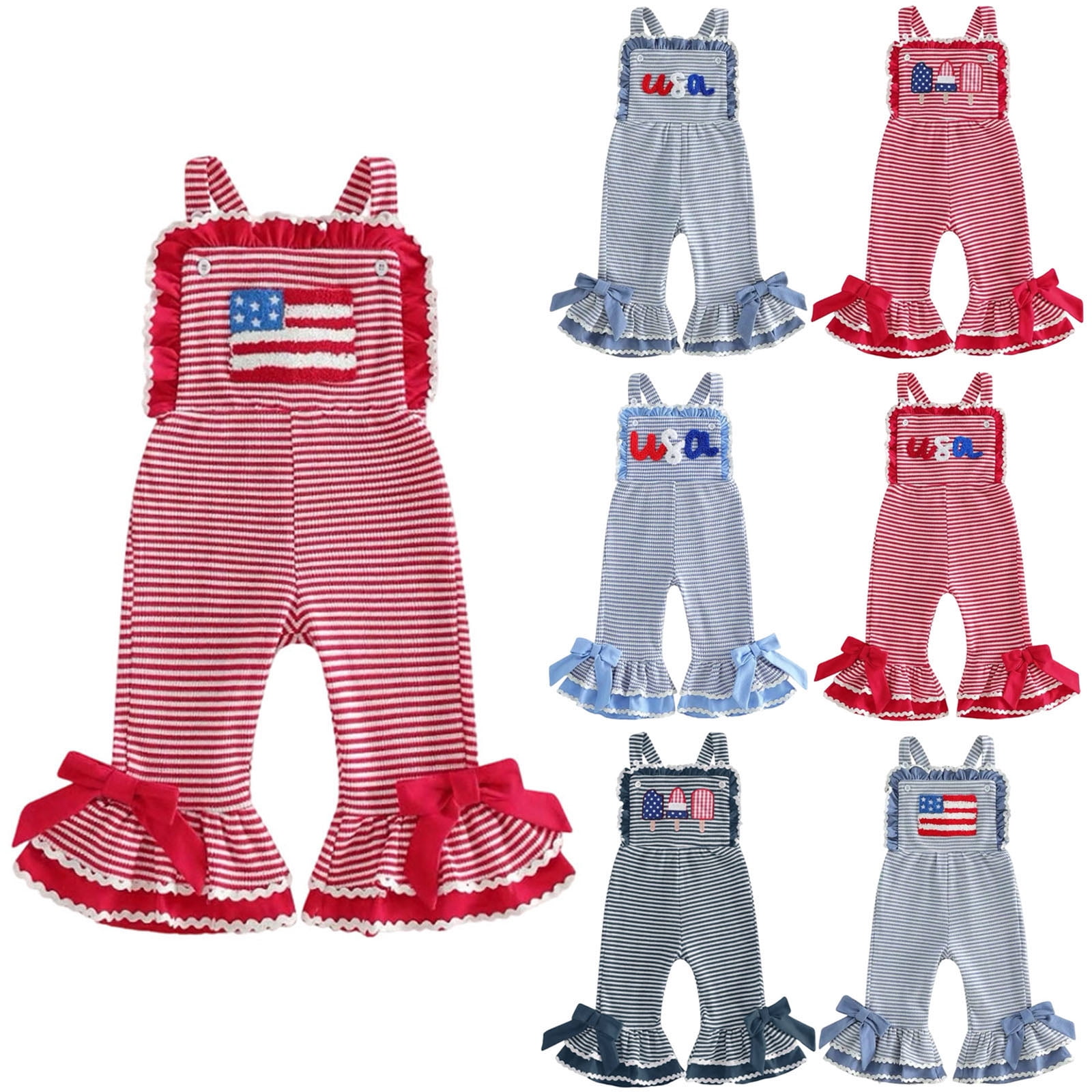Faraee Toddler Baby 4th of July Girl Clothes Cute Sleeveless Romper Stripeds Spaghetti Strap Jumpsuit Summer Bell Bottom Outfit 6 12 18 24 Months 2T 3T 4T 5T Dark Blue