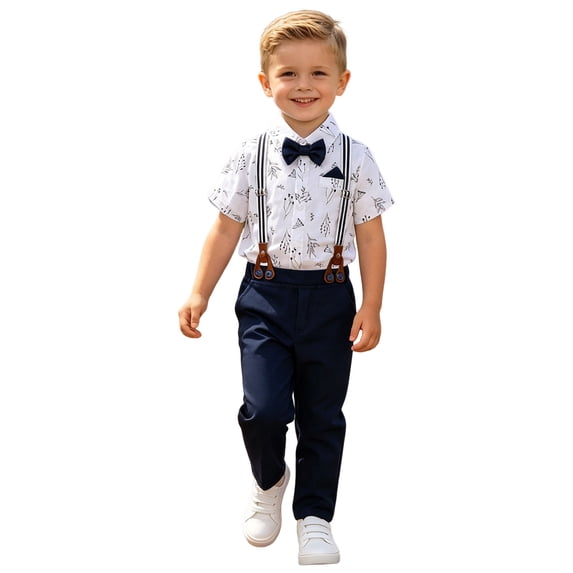 Faraee Toddler Baby Boy Clothes Suit Gentleman Wedding Outfits Formal Dress Shirt with Bowtie + Suspender Pants Size 1-5 Years Navy