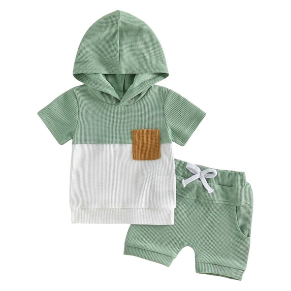 Faraee Toddler Baby Boy Hooded Summer Outfit Newborn Color Block T Shirt Shorts Set Infant Waffle Clothes with Chest Pocket 0 6 12 18 Months 2T 3T Green
