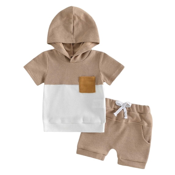 Faraee Toddler Baby Boy Hooded Summer Outfit Newborn Color Block T Shirt Shorts Set Infant Waffle Clothes with Chest Pocket 0 6 12 18 Months 2T 3T Khaki