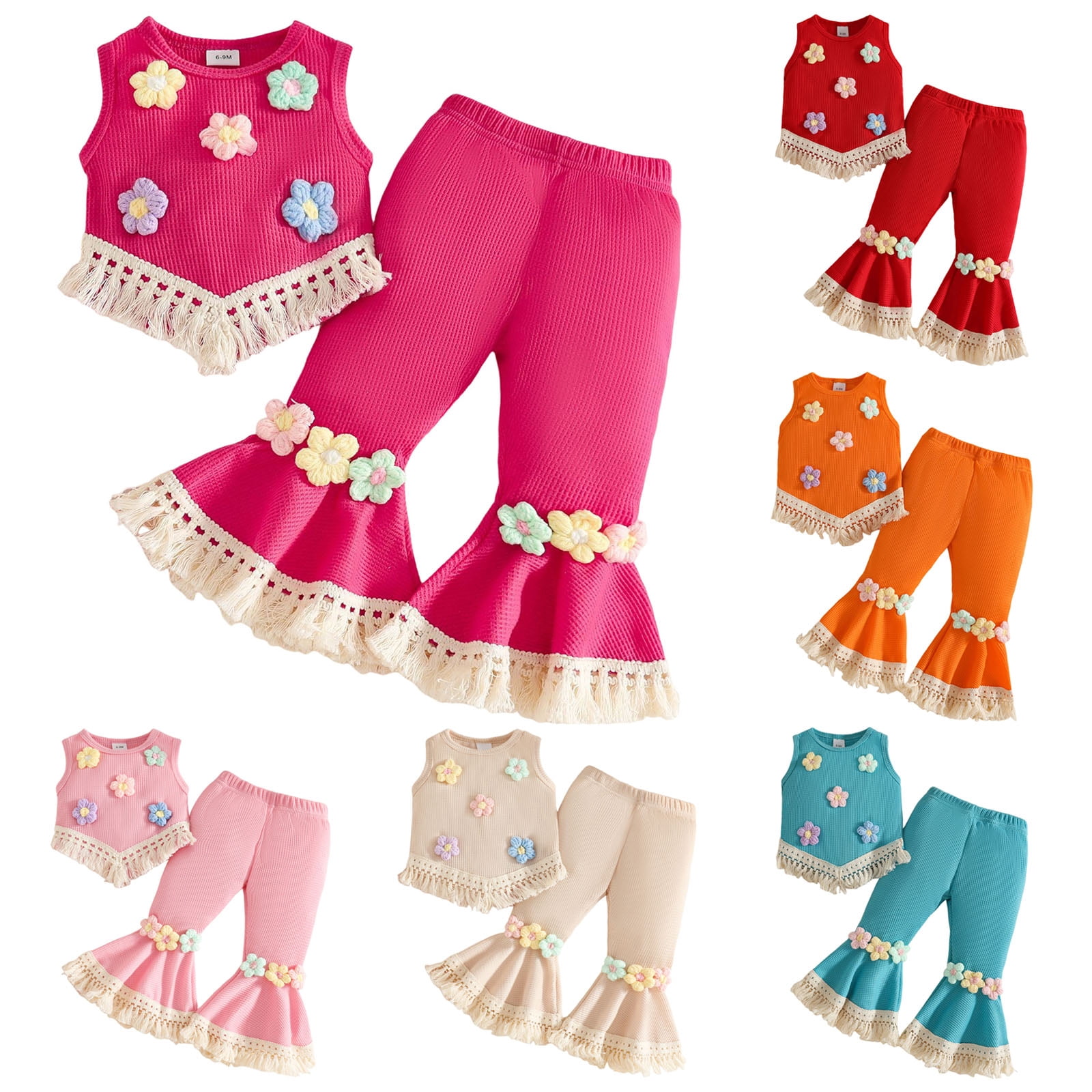 Faraee Toddler Baby Girl 2 Piece Summer Outfit Tassel Flower Cute Clothes Sleeveless Vest Tops Flare Leg Pants Casual Clohing Set Hot Pink Size 9-12 Months