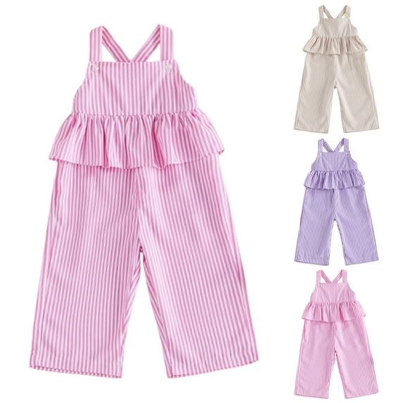Faraee Toddler Baby Girl Clothes Ruffles Striped Romper Jumpsuit Suspender Pants Bib Overalls Spring Summer Outfits Beige 12-18 Months