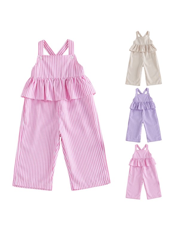 Toddler Baby Girl Clothes Ruffles Striped Romper Jumpsuit Suspender Pants Bib Overalls Spring Summer Outfits Beige 12-18 Months