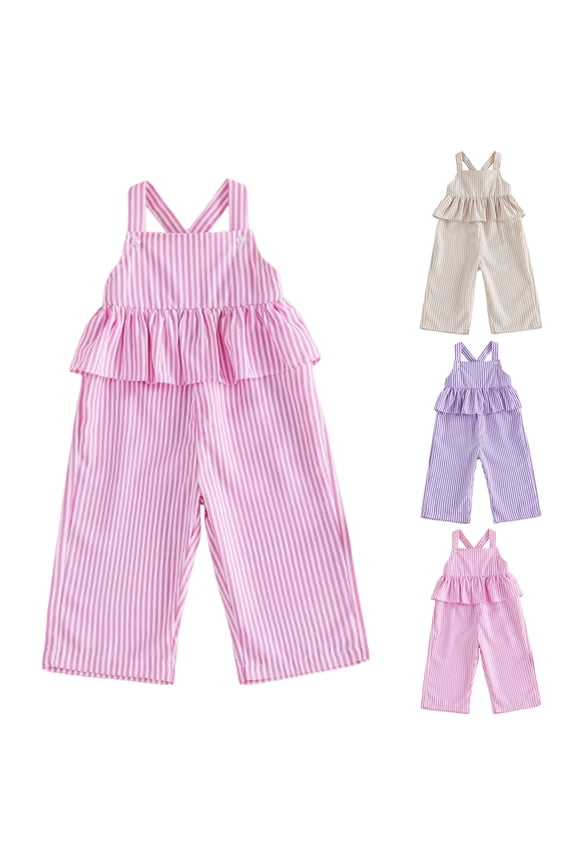 Toddler Baby Girl Clothes Ruffles Striped Romper Jumpsuit Suspender Pants Bib Overalls Spring Summer Outfits Beige 18-24 Months