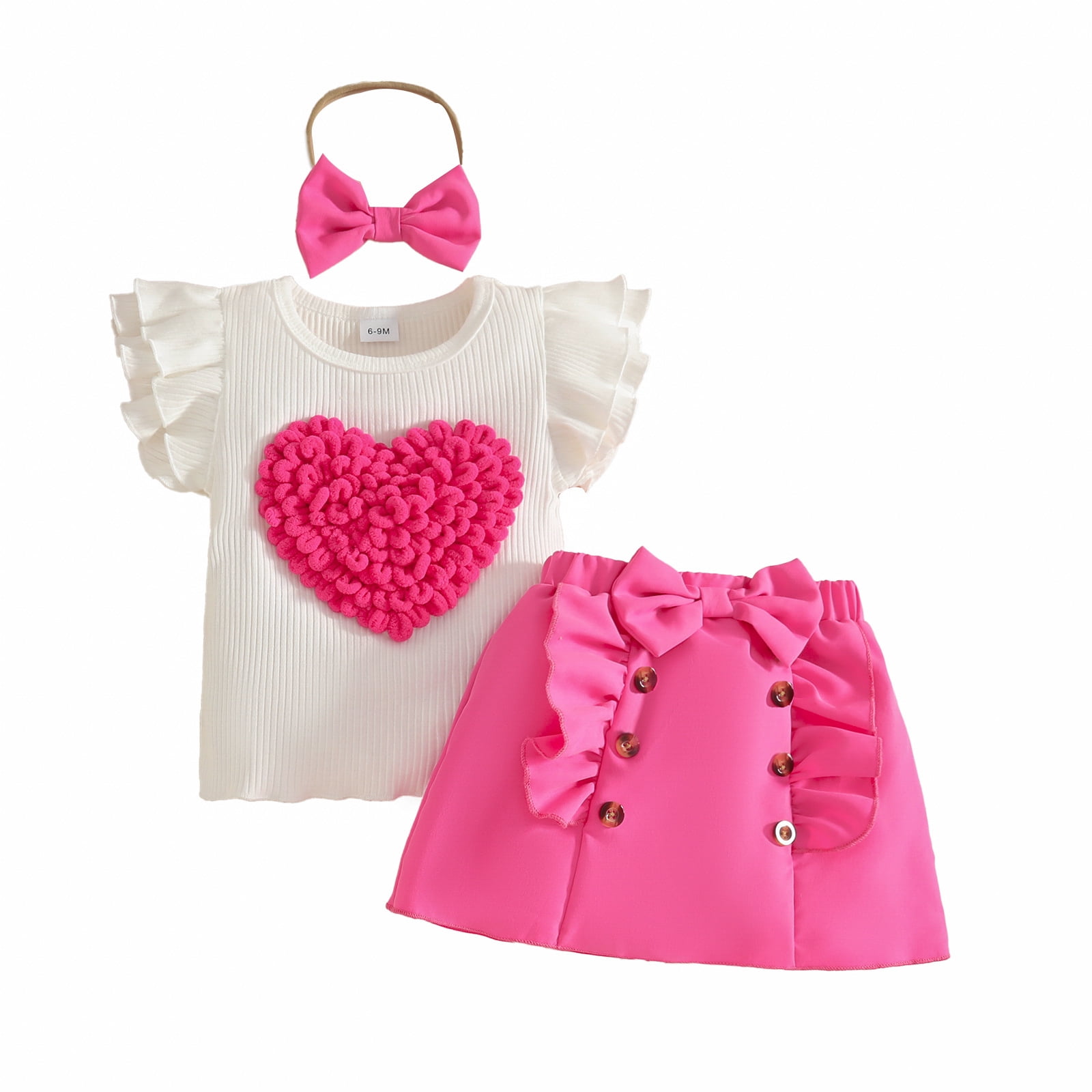Faraee Toddler Baby Girl Skirts Outfit Infant Summer Clothes Ruffle Sleeveless Knit Vest Top A-Line Skirt Set with Headband (9-12M,Hot Pink)