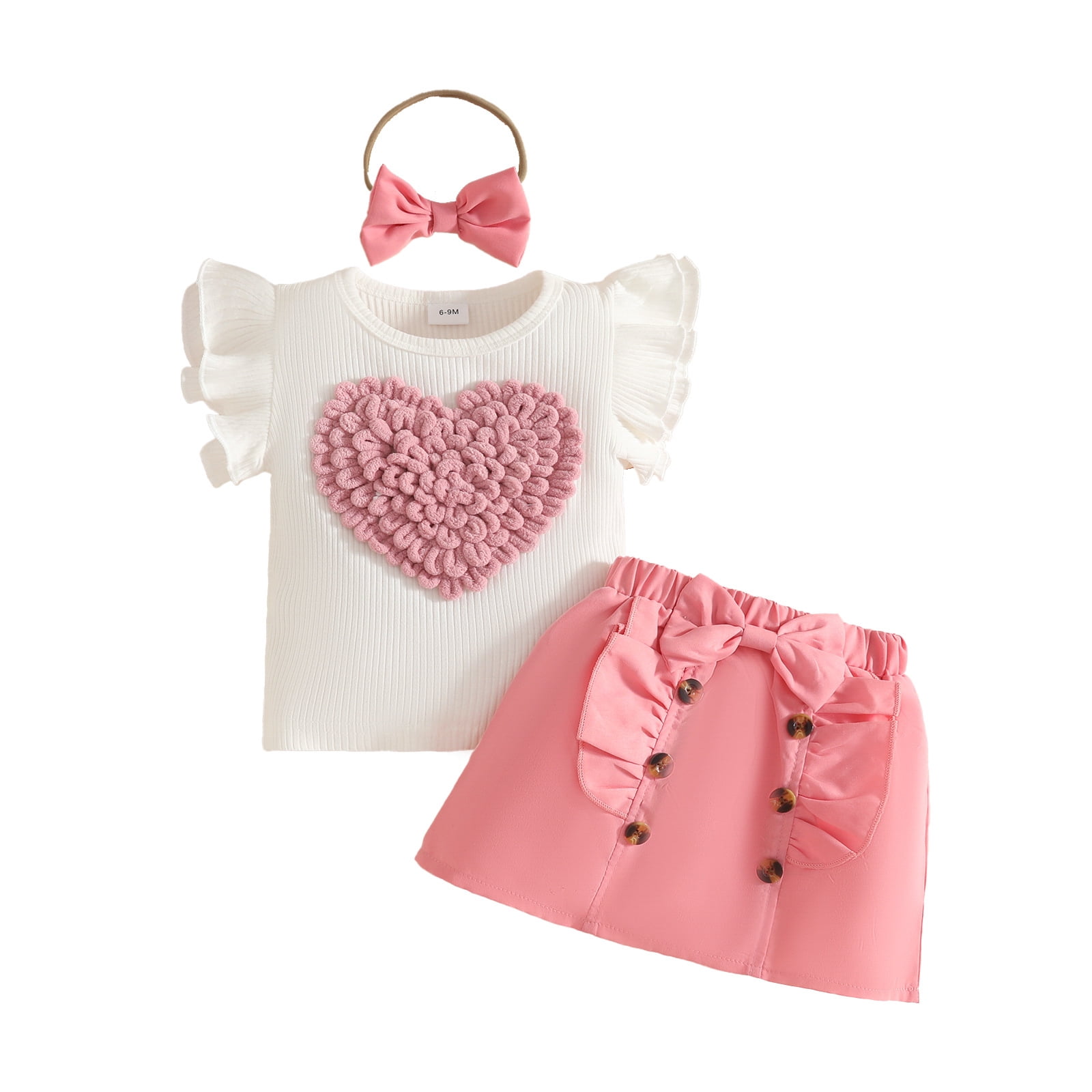 Faraee Toddler Baby Girl Skirts Outfit Infant Summer Clothes Ruffle Sleeveless Knit Vest Top A-Line Skirt Set with Headband (9-12M,Pink)