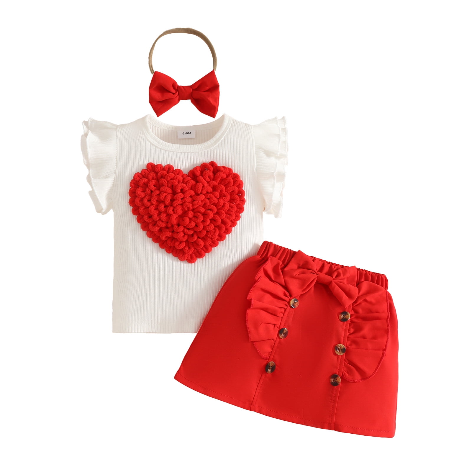 Faraee Toddler Baby Girl Skirts Outfit Infant Summer Clothes Ruffle Sleeveless Knit Vest Top A-Line Skirt Set with Headband (9-12M,Red)