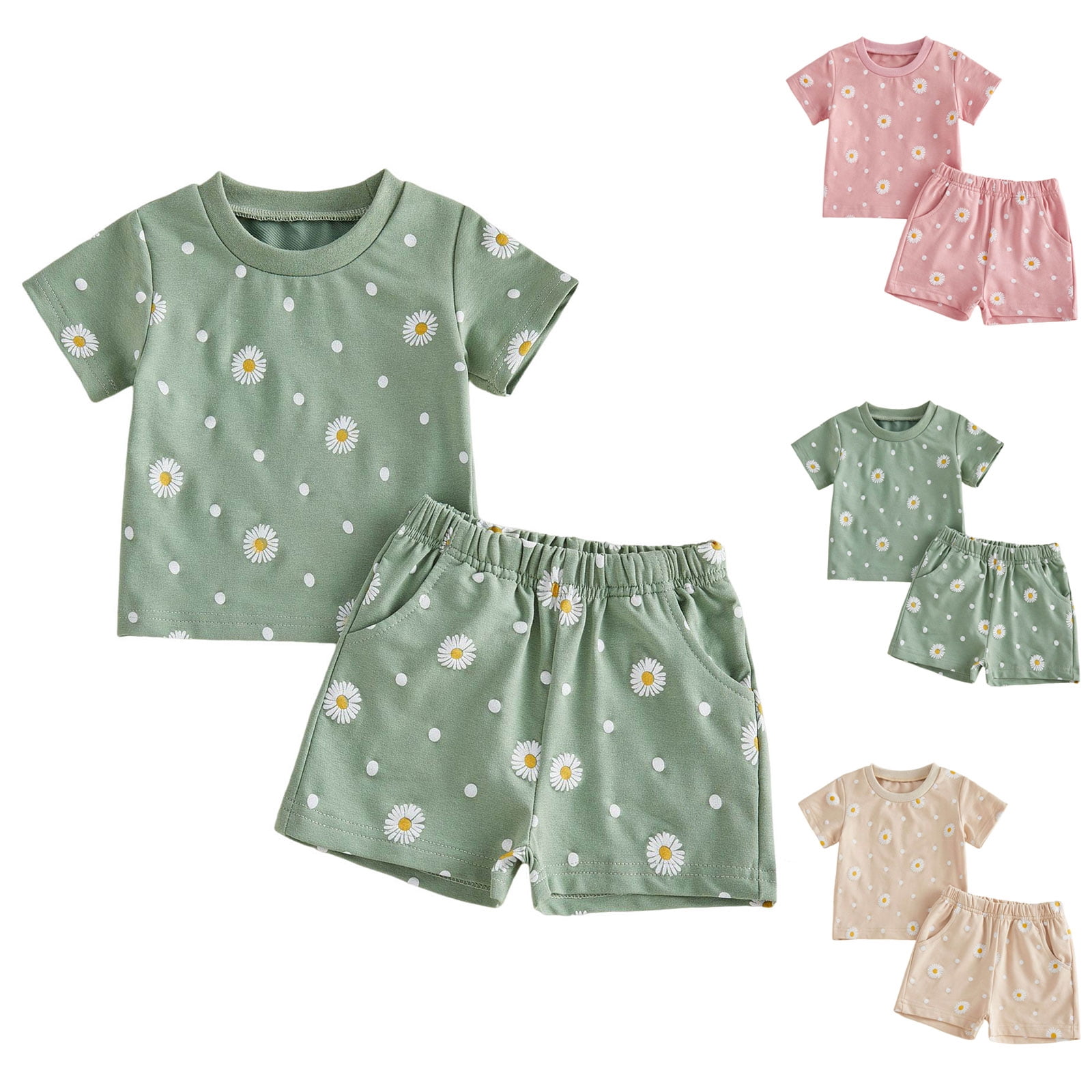 Faraee Toddler Baby Girl Summer Clothes Cotton Daisy Tee Tops Elastic Flowy Elastic Waist Shorts Outfits 2Pcs Casual Homewear Beige 18-24 Months