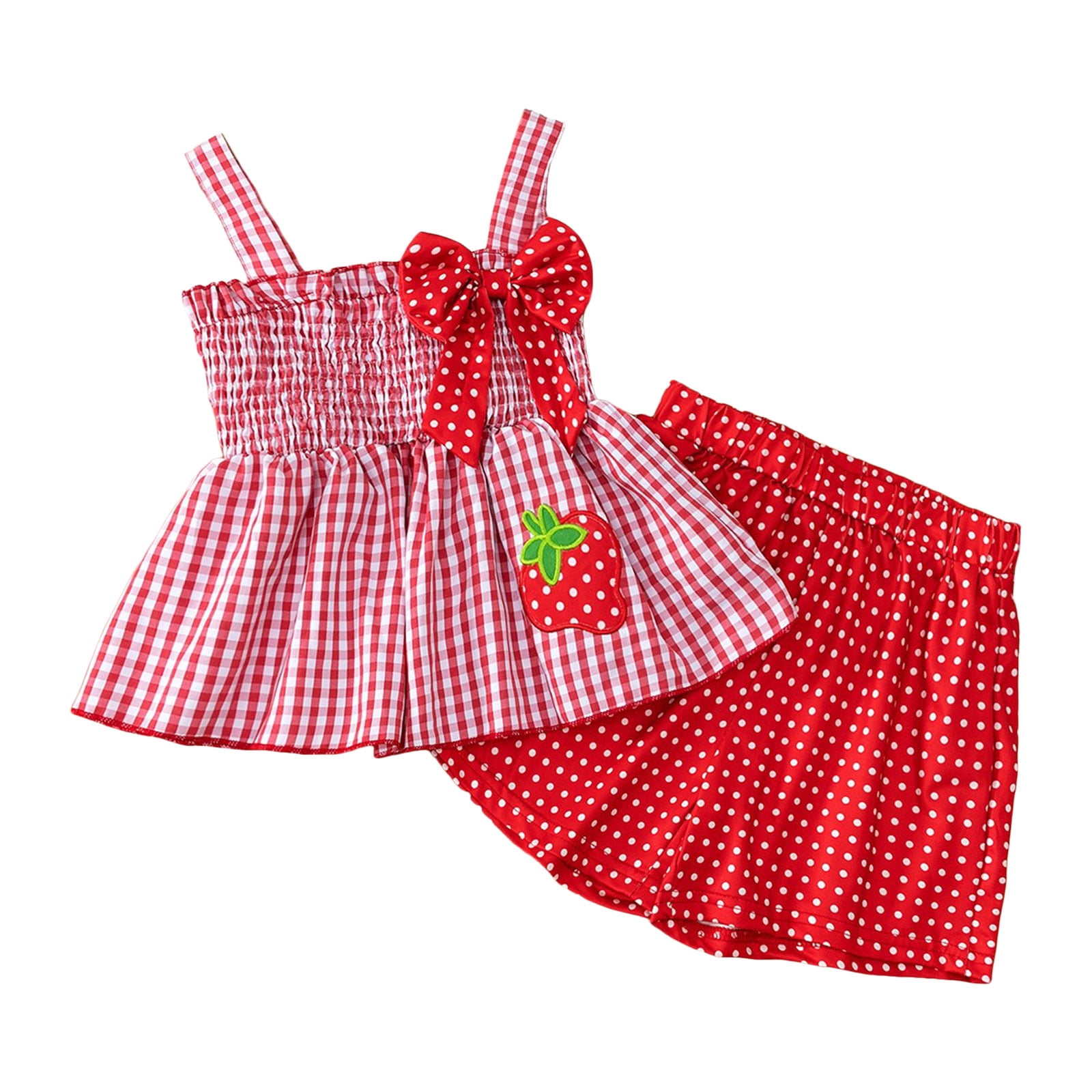 Faraee Toddler Baby Girl Summer Clothes Plaid Strawberry Sleeveless Smocked Tank Tops Bottom Shorts Set Linen Outfit Set 2t 3t 4t 5t 6t 7t Red