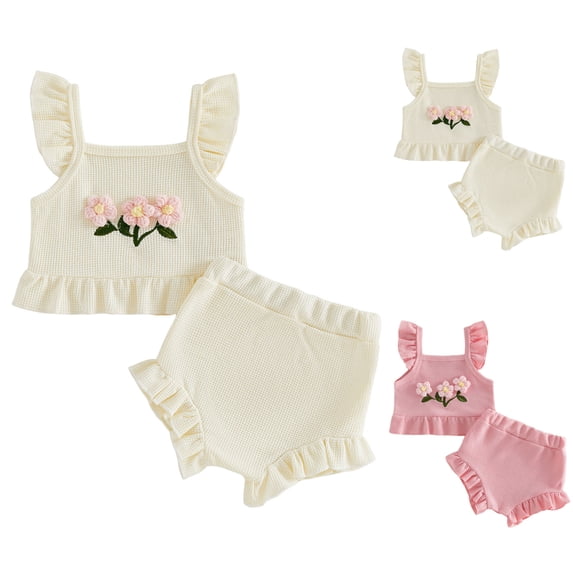 Faraee Toddler Baby Girl Summer Clothes Ribbed Ruffle Sleeveless Floral Tops Elastic Short Pants Newborn Infant Two Piece Outfit Set 0 3 6 12 18 Months Beige