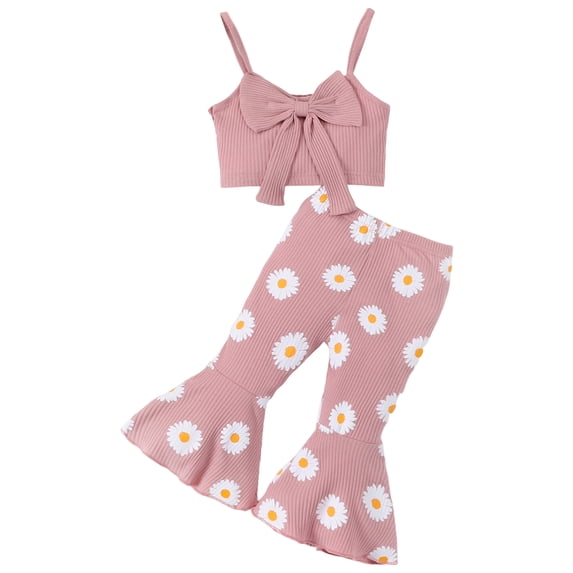 Faraee Toddler Baby Summer Clothes for Girls Bow Tie Sleeveless Ribbed Crop Tops and Floral Print Bell Bottom Flare Pants Outfit 6 12 18 24 Months 2T 3T 4T 5T Pink