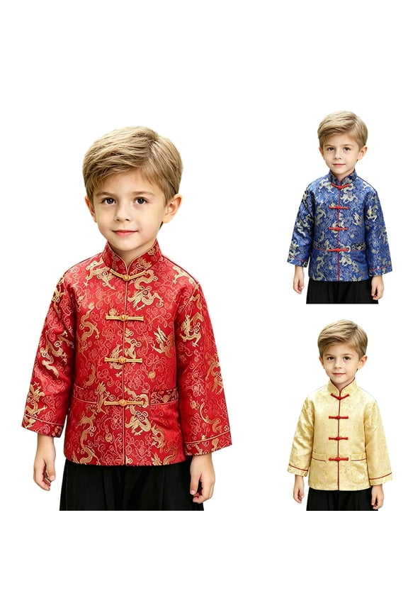 Toddler Boy Brocade Tang Jacket with Dragon Pattern Embroidery Stand Collar Frog Button Top Traditional Chinese Coat (11-12,Blue)
