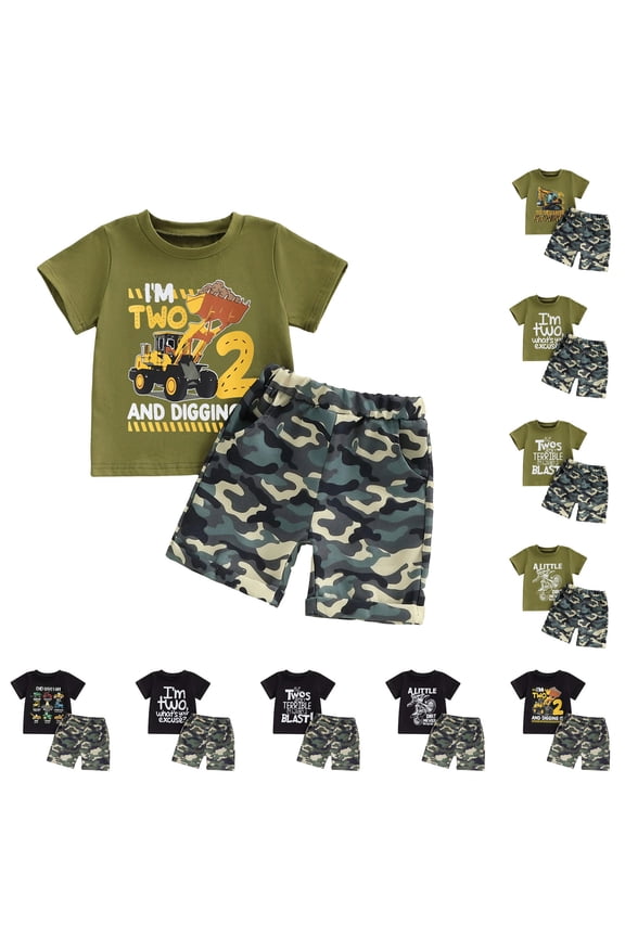 Toddler Boys 2nd Birthday Construction Outfit Excavator Truck T-Shirt Camo Shorts Set 2 Piece for Summer Party Playwear Gift Army Green 18-24 Months